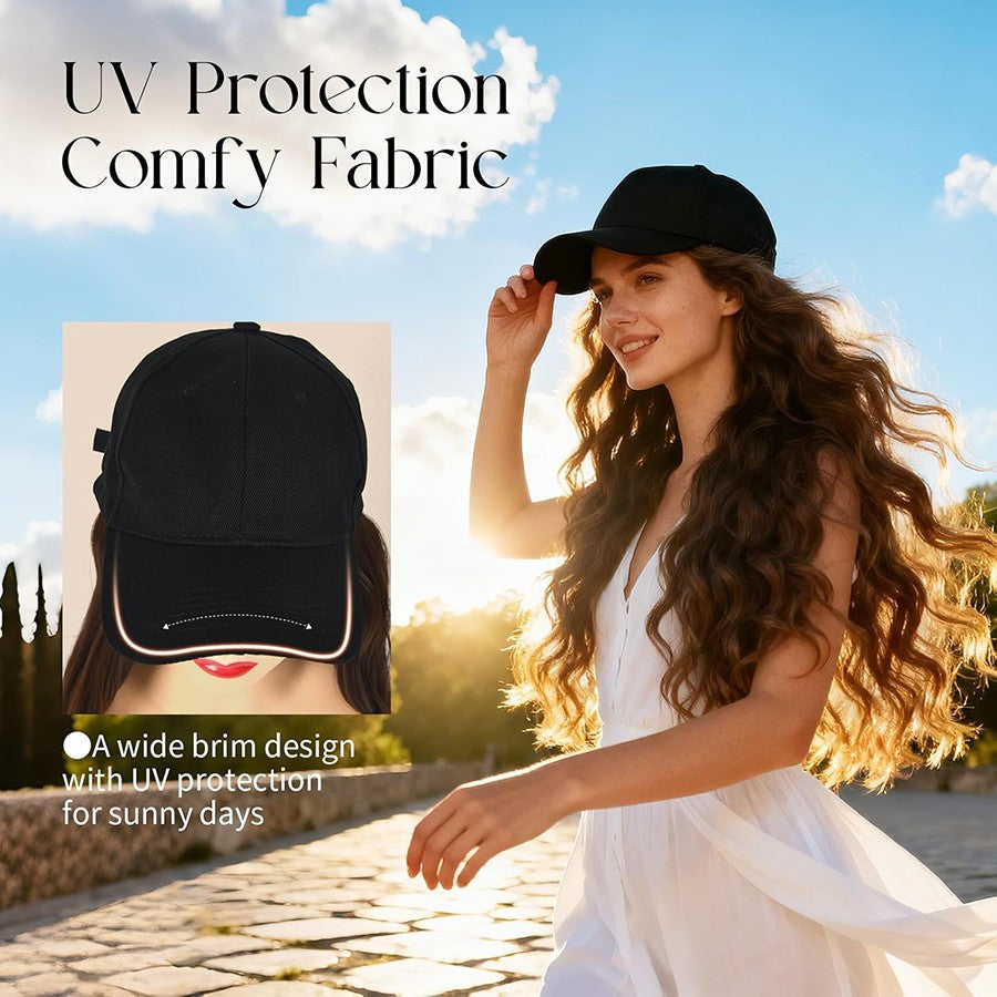 16-Inch Long Curly Cap Wig with Adjustable Baseball Hat and Attached Hair