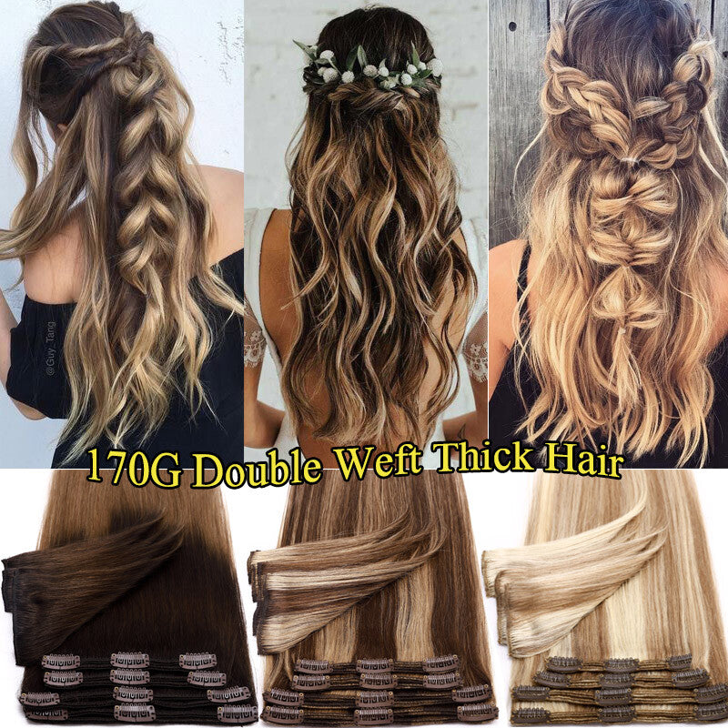 150g Double Weft Clip-In Human Hair Extensions - Full Head, Thick & Natural