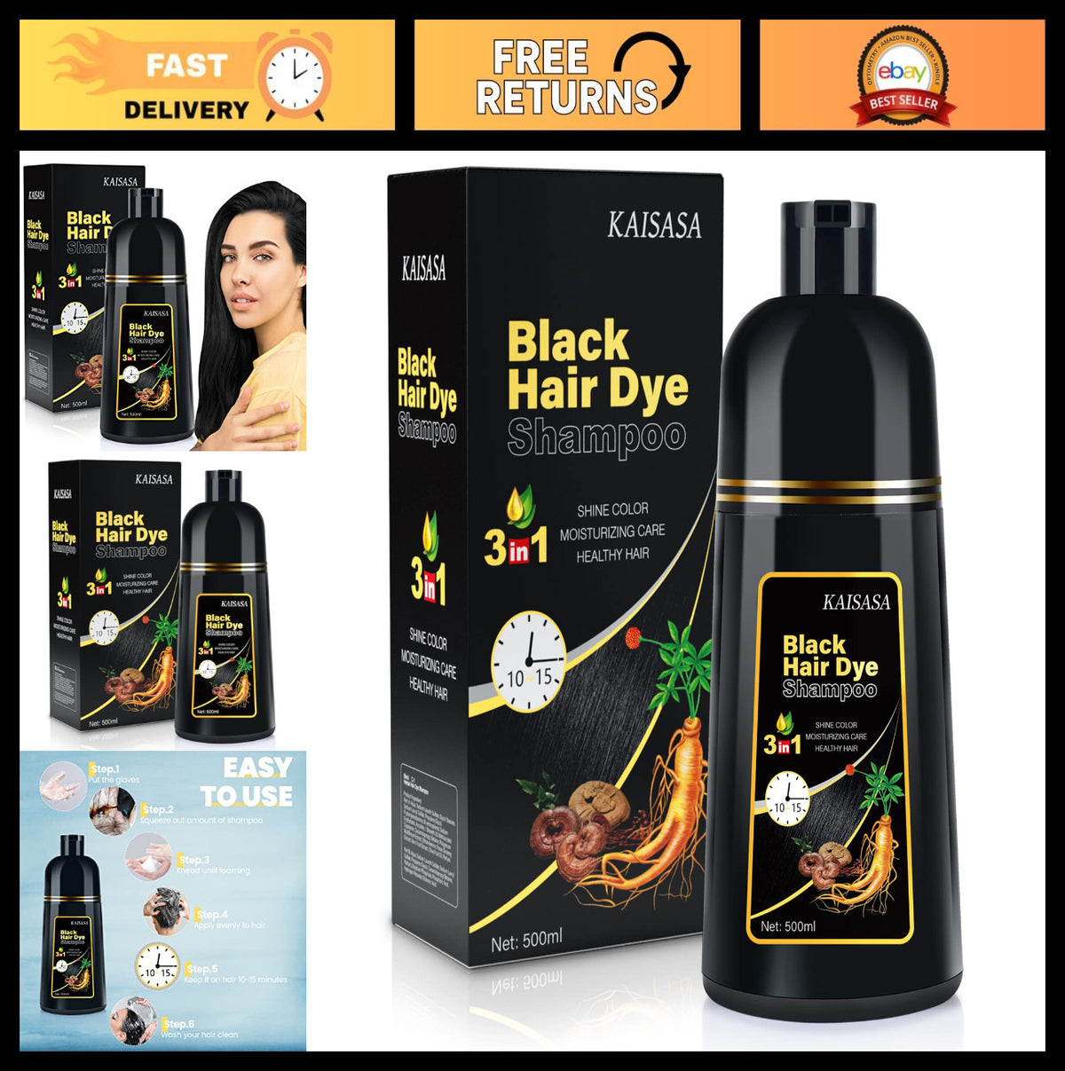 3-in-1 Hair Dye Shampoo for Gray Coverage - Natural Black, 500ml for Men