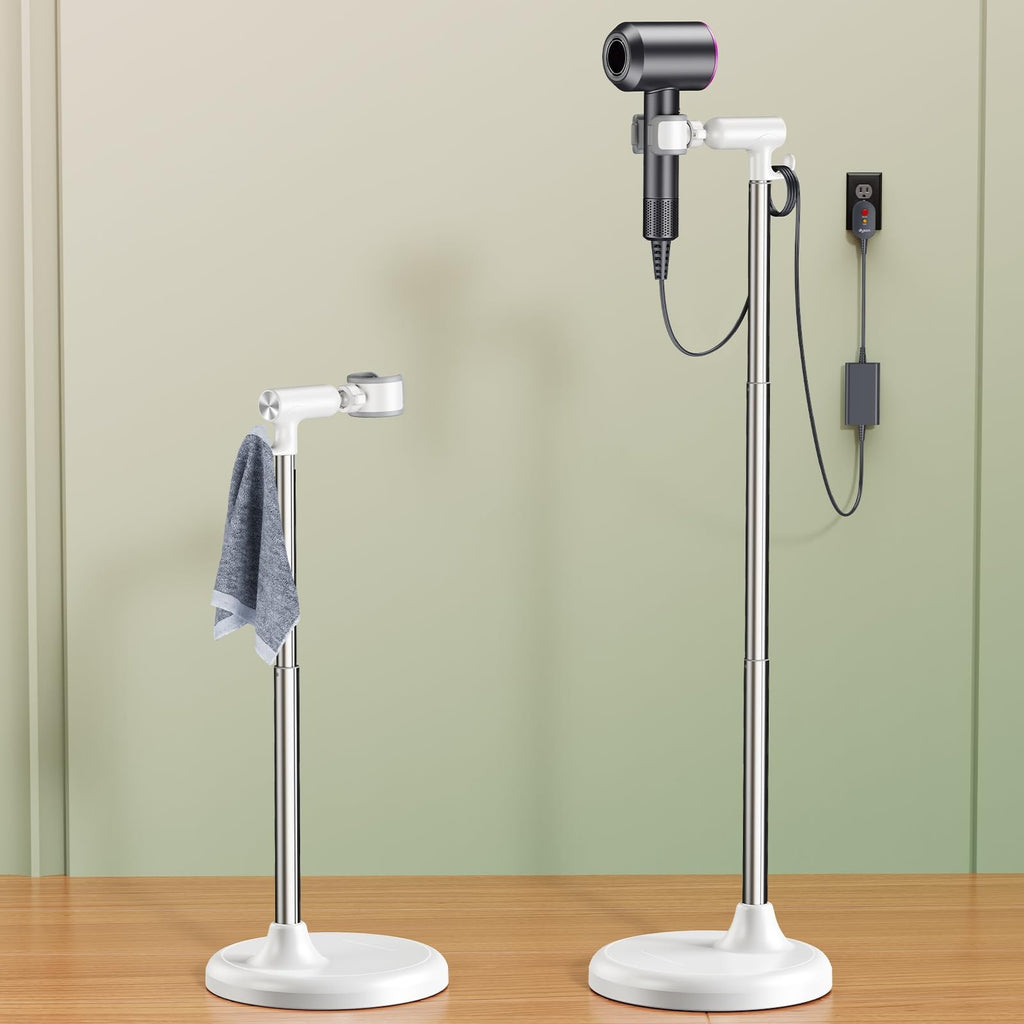 Adjustable Hands-Free Hair Dryer Stand 17-51 Inch Height with 360° Swivel & Hook