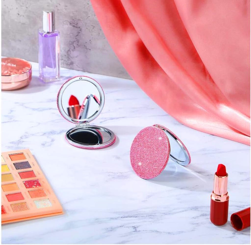 Pink Compact Travel Mirror with 1X & 2X Magnification - Folding Pocket Makeup Mirror