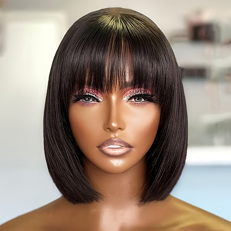 12-Inch Black Straight Wig with Bangs for Women - High Temp Fiber
