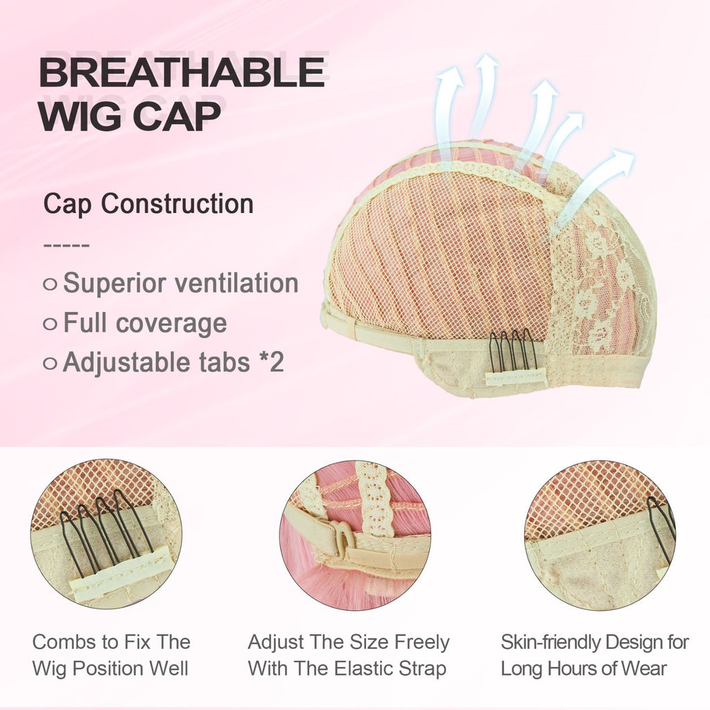 Pink Short Wavy Bob Wig with Flat Bangs - Synthetic Costume Hair for Women