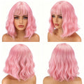 Pink Short Wavy Bob Wig with Flat Bangs - Synthetic Costume Hair for Women