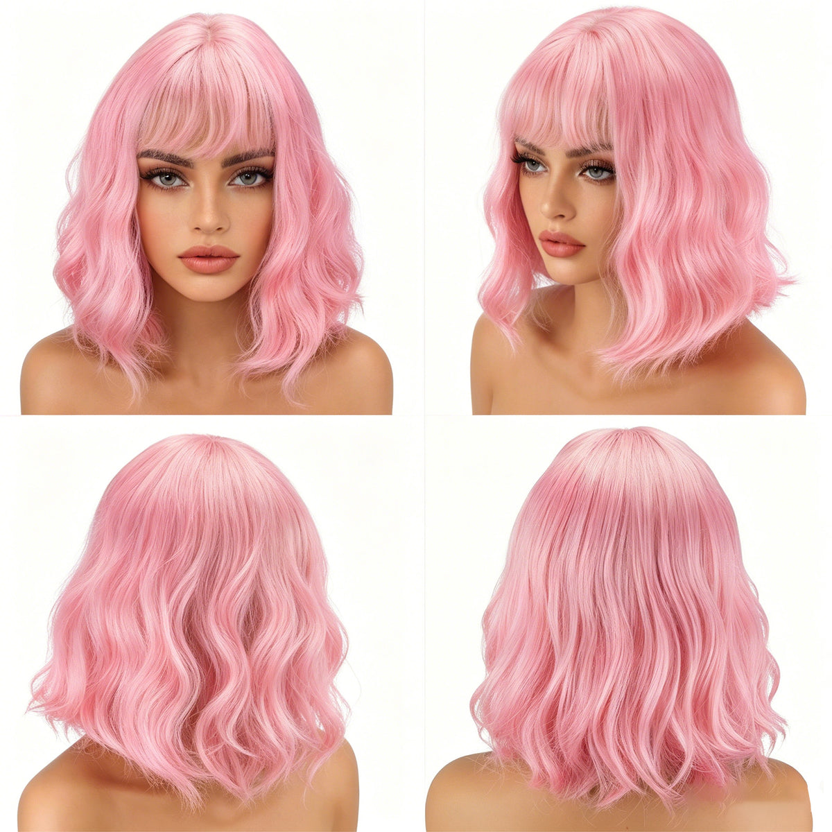 Pink Short Wavy Bob Wig with Flat Bangs - Synthetic Costume Hair for Women