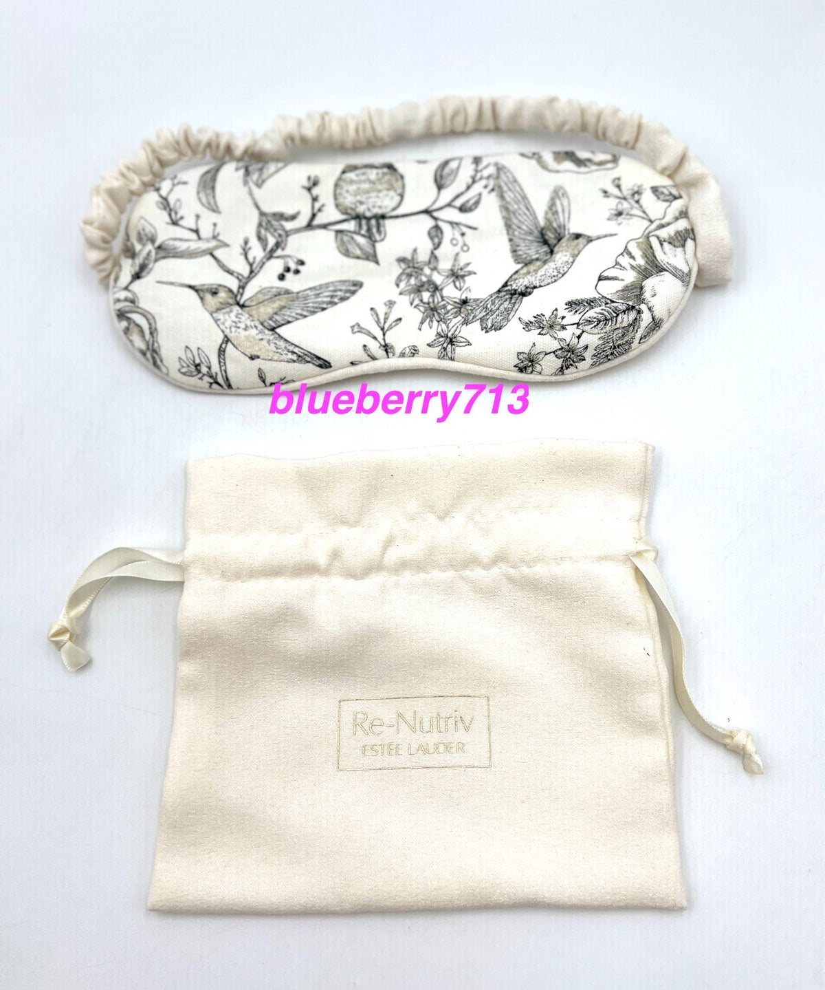 Satin Drawstring Makeup Bag with Bird Print & Sleep Eye Mask Set