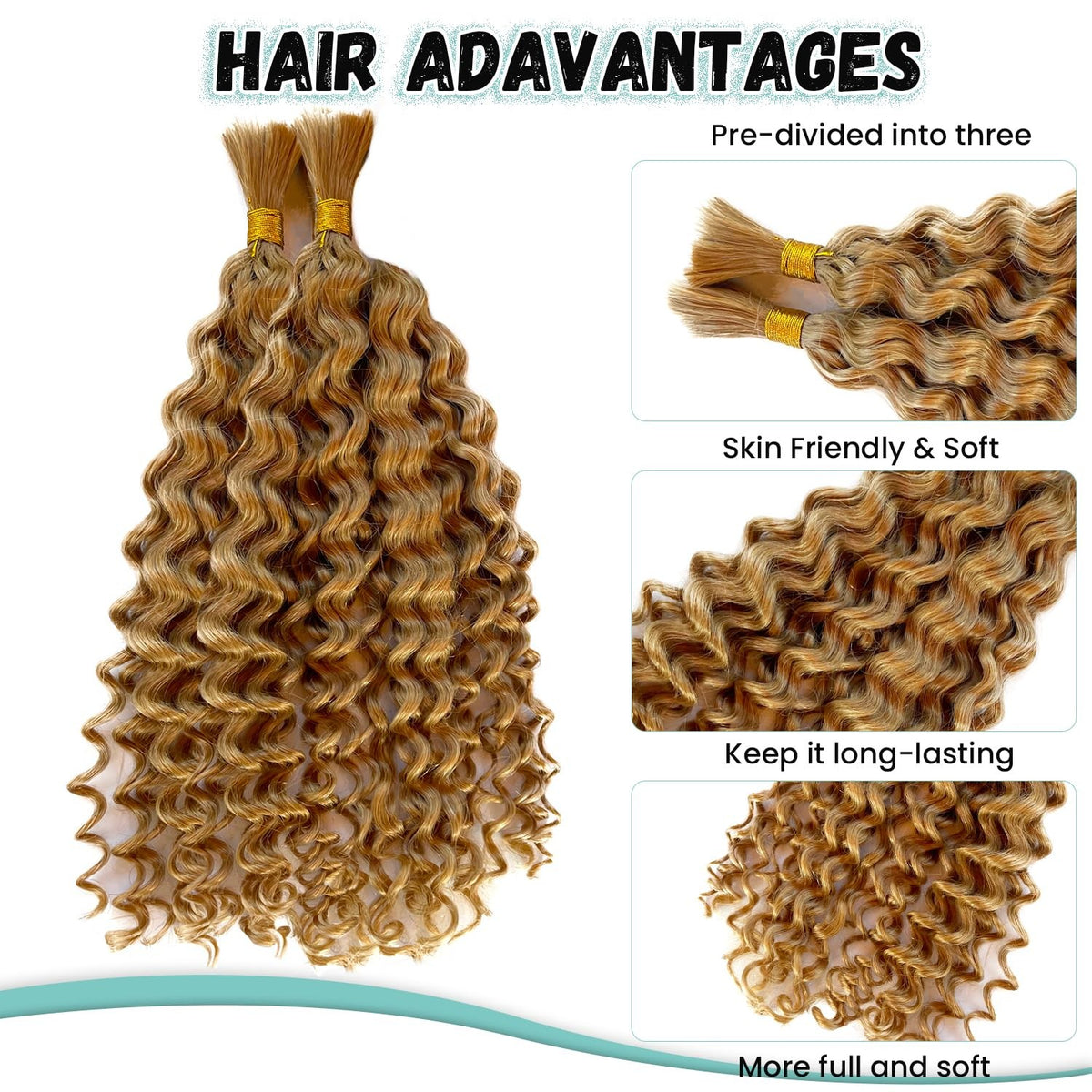 Honey Blonde #27 Deep Water Wave Human Braiding Hair 16 Inch 2 Bundles
