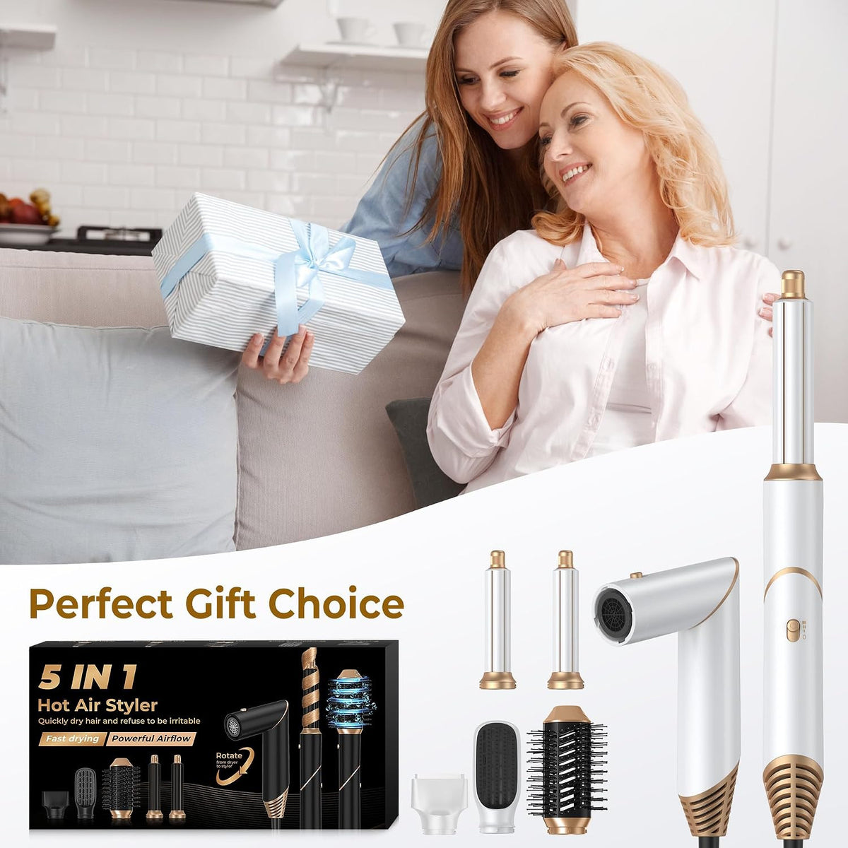 5-in-1 Hot Air Hair Dryer Brush Volumizer Curling & Straightening Styler