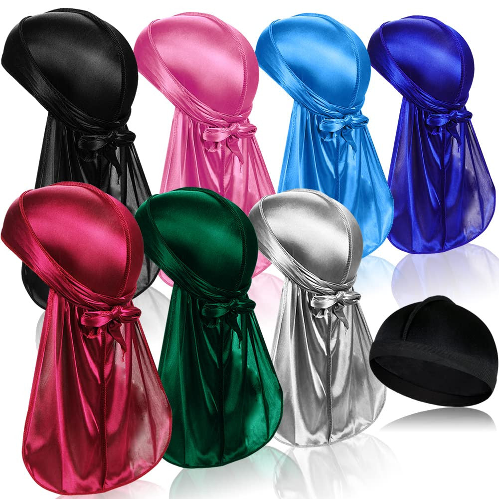 Silky Durags with Long Tail & Satin Wave Cap Set for Men - 8 Pieces