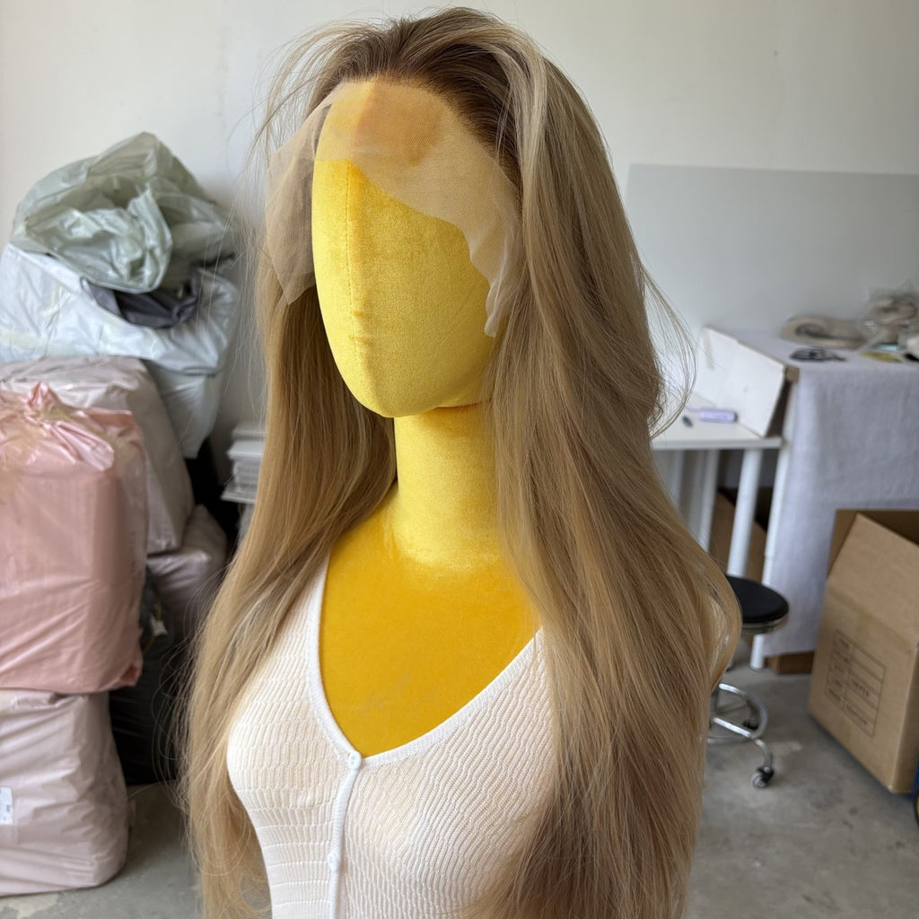 Ash Blonde Long Straight Synthetic Lace Front Wig Heat Resistant Glueless