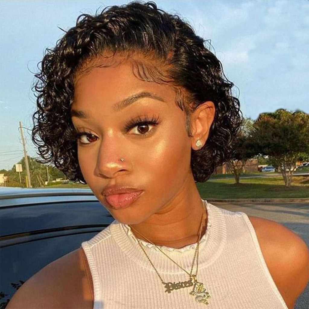 Deep Wave Lace Front Wig with Short Bob Style 13x4 Human Hair Pixie Cut