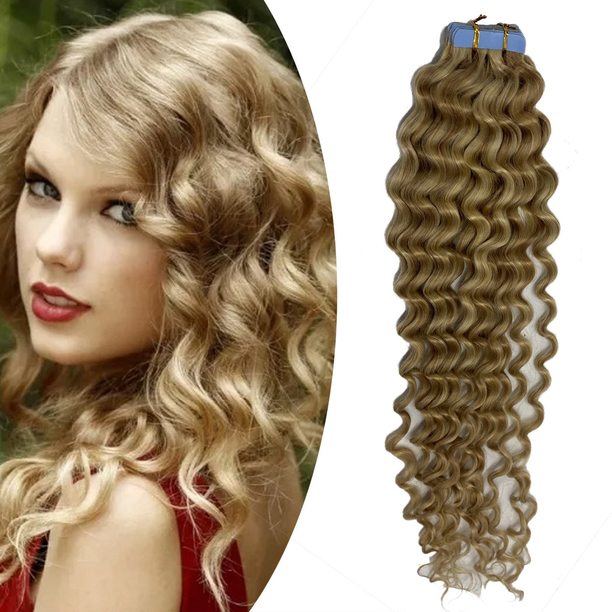 Remy Human Hair Extensions Seamless Tape-In Wefts 18 Inch Curly & Straight