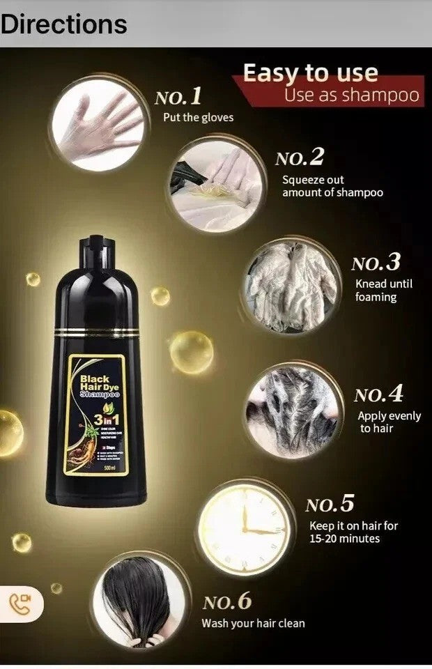 Black Hair Dye Shampoo 3-in-1 Instant Gray Coverage 500mL - Natural Herbal Formula