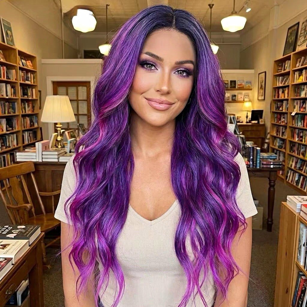 Purple Grape Ombre Wig 28 Inch Dark Roots Halloween Cosplay Costume