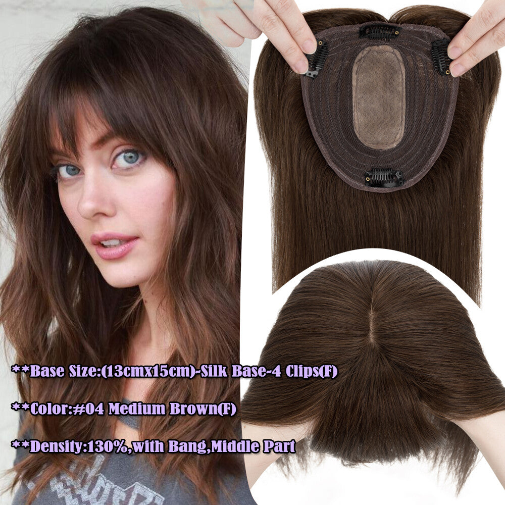 Clip-In Hair Topper with Silk Base - Remy Human Hair, Multiple Sizes & Colors