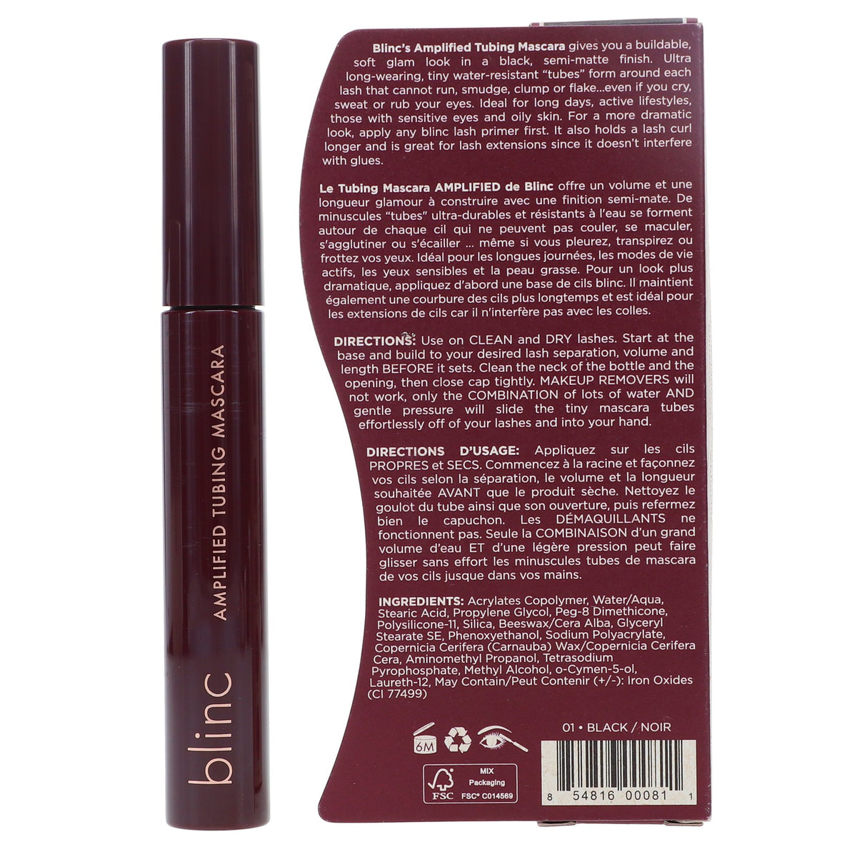 Amplified Tubing Mascara Black 0.3 oz - Waterproof, Smudge-Proof, Easy Remover