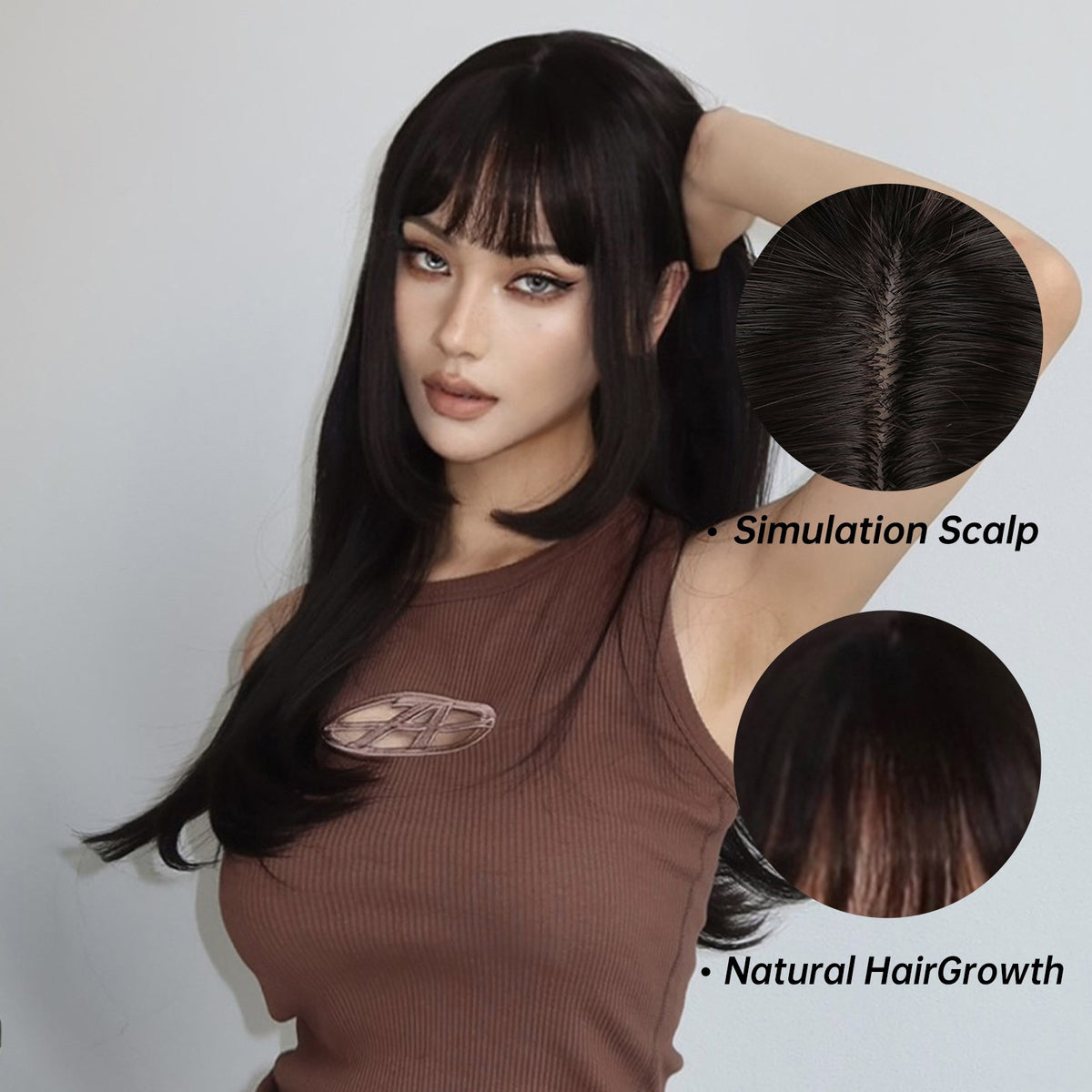 Black Synthetic Wig with Bangs - Long Straight Cosplay Hair for Beginners