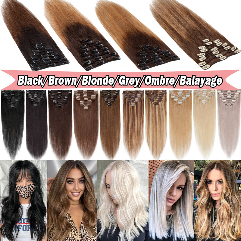 100% Human Hair Extensions Clip-In Full Head Set - Multiple Colors & Lengths