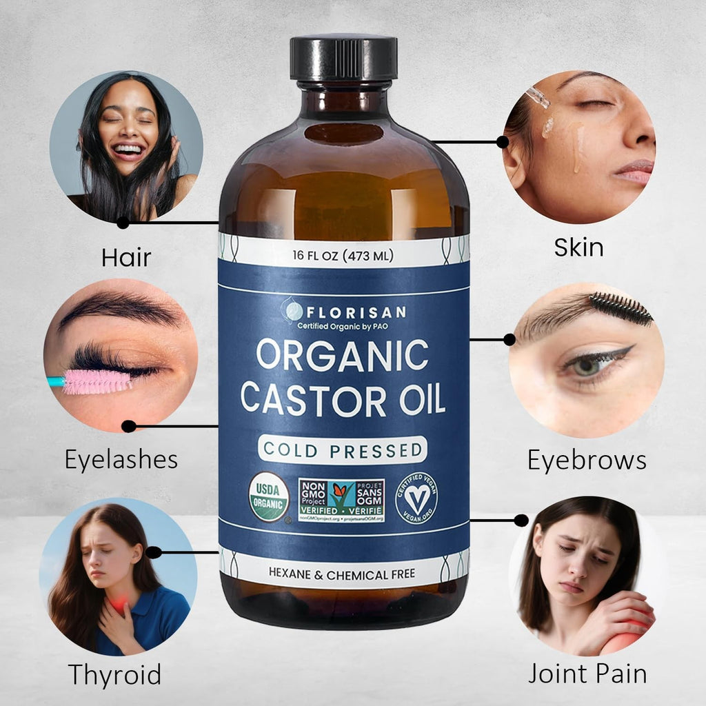 Organic Castor Oil 16oz Glass Bottle - Pure Cold Pressed Skin & Hair Care