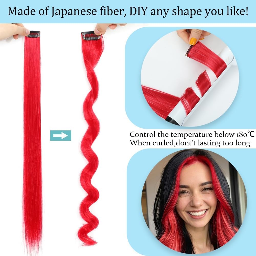 12PCS Red Clip-In Hair Extensions 22 Inch Long Straight Synthetic Hair