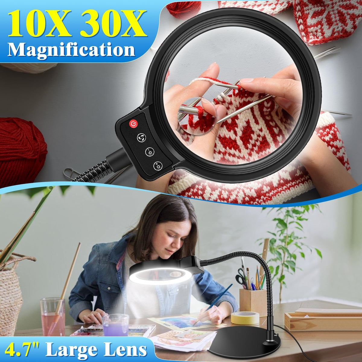 10X 30X LED Magnifying Glass with Light and Stand - Dimmable Desk Lamp for Crafts and Close Work