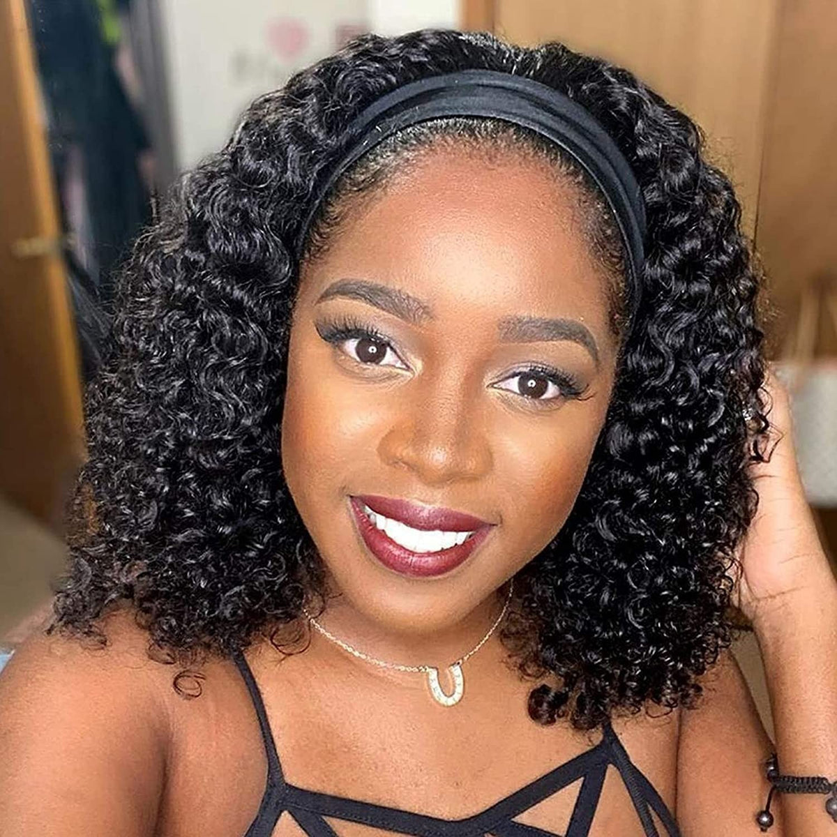 12 Inch Human Hair Deep Wave Curly Headband Wig No Lace Glueless Brazilian Virgin