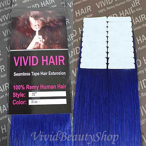 20pcs 22 Inch Remy Seamless Tape Skin Weft Hair Extensions Blue