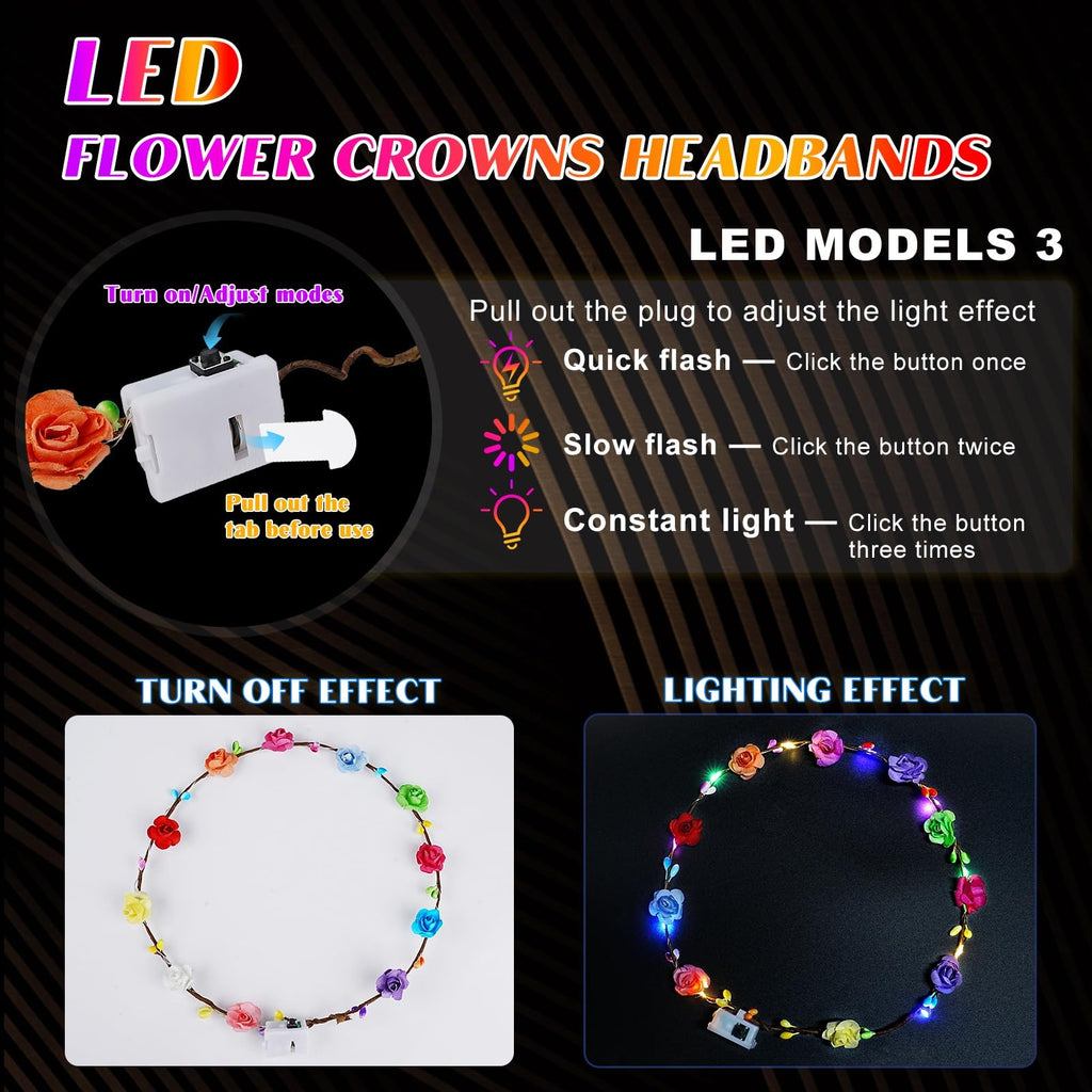 LED Flower Crown Headbands – 24 Pack Light Up Hair Accessories for Kids & Adults
