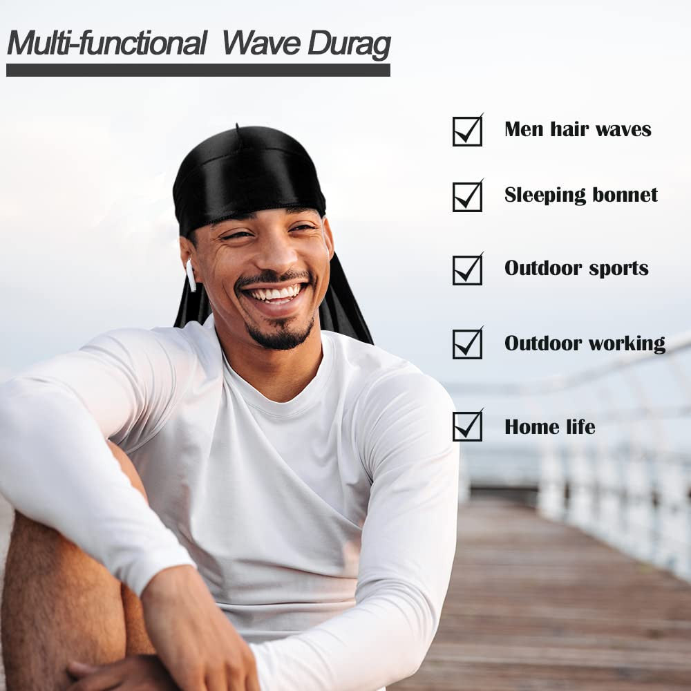 Silky Durags with Long Tail & Satin Wave Cap Set for Men - 8 Pieces