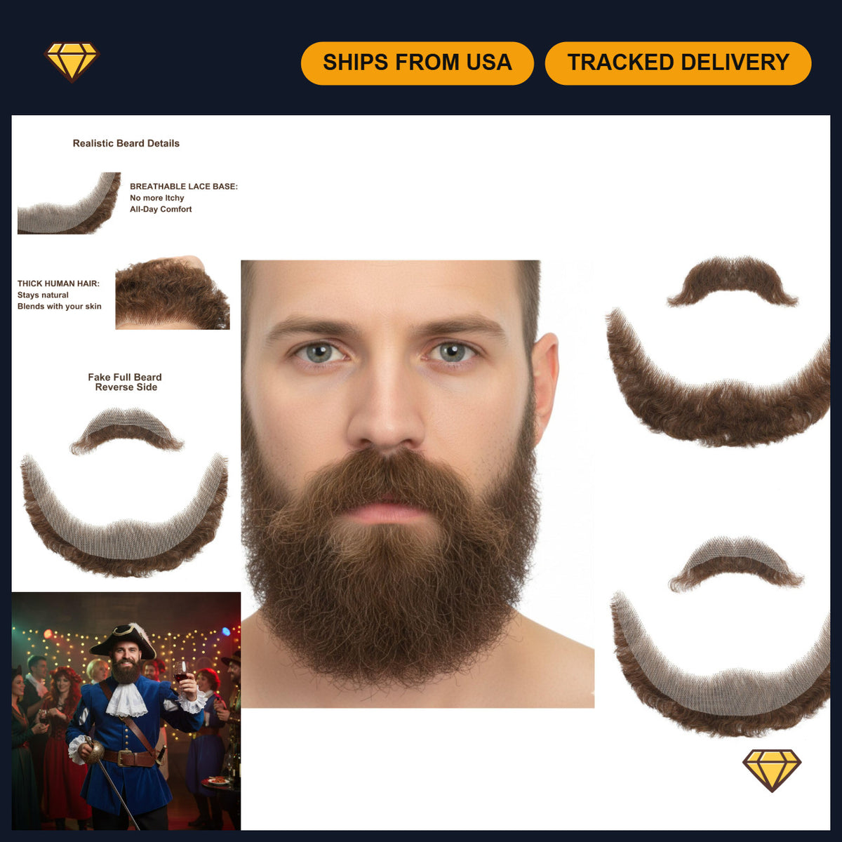 Realistic Human Hair Fake Beard & Mustache Set for Cosplay & Costume