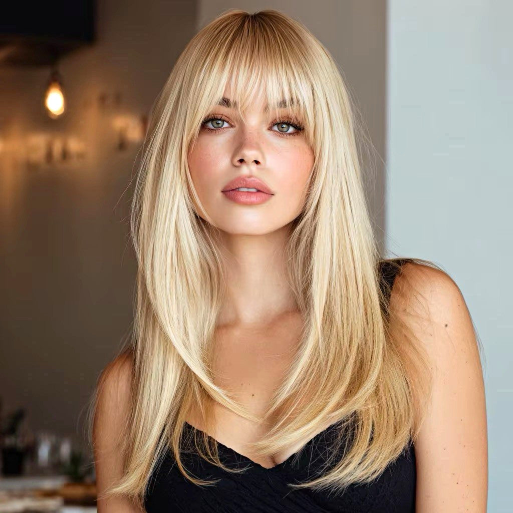 Light Blonde Brown Straight Lace Front Wig with Bangs - Synthetic High Temp Hair