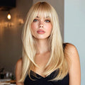 Light Blonde Brown Straight Lace Front Wig with Bangs - Synthetic High Temp Hair