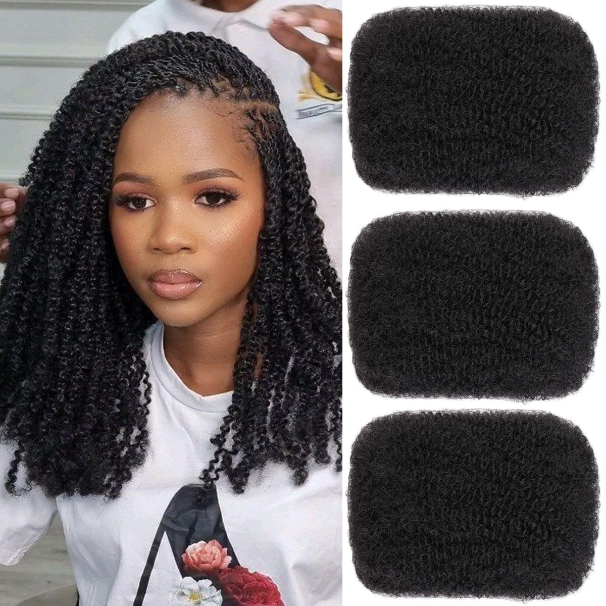 16 Inch Afro Kinky Curly Braiding Hair Bulk - Natural Black 3 Bundles, Lightweight & Durable