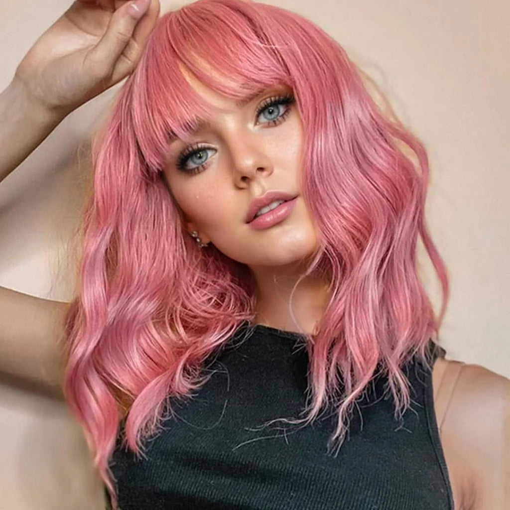 Pink Wavy Bob Wig with Air Bang - 14 Inch Curly Synthetic Hair for Women