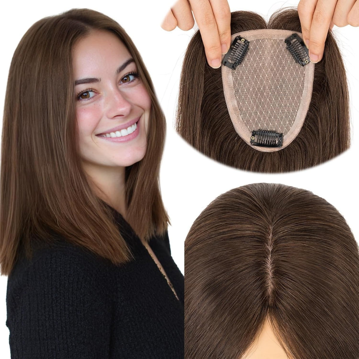12in Dark Brown Human Hair Topper for Women - Remy Clip-In Crown Cover