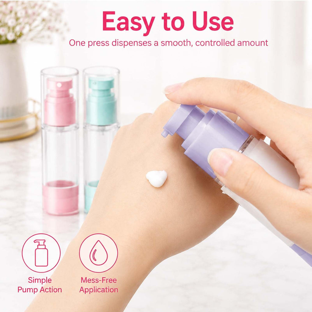 4 Pack Travel Airless Pump Bottles - Leakproof 1 oz Cosmetic Dispensers for Toiletries