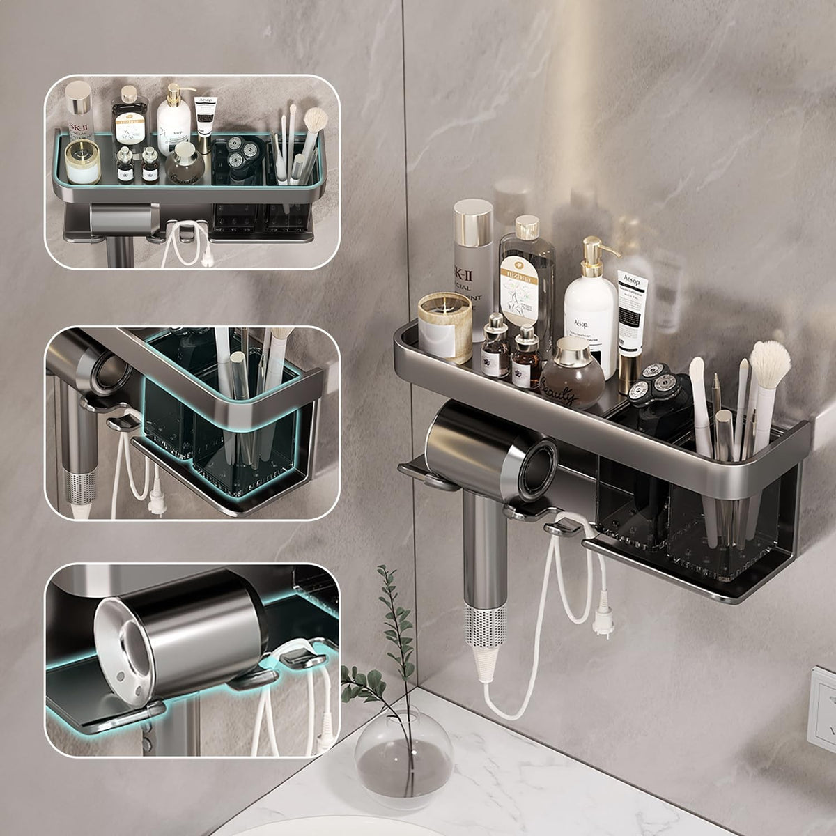 Wall Mount Hair Dryer Organizer with Storage Shelf - Matte Grey