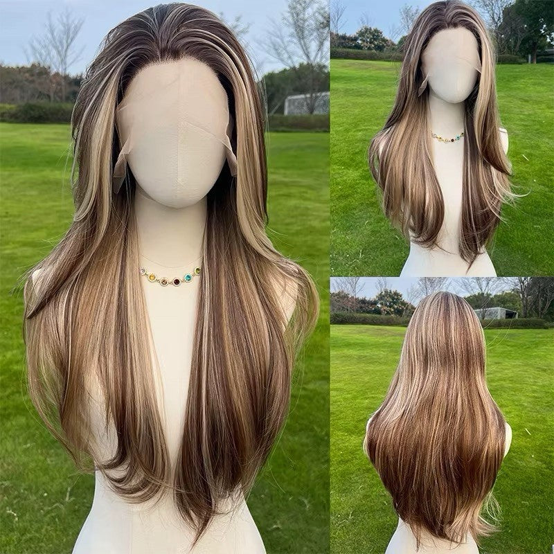 Long Lace Front Straight Layered Wig - Light Brown & Blonde Highlights 26"