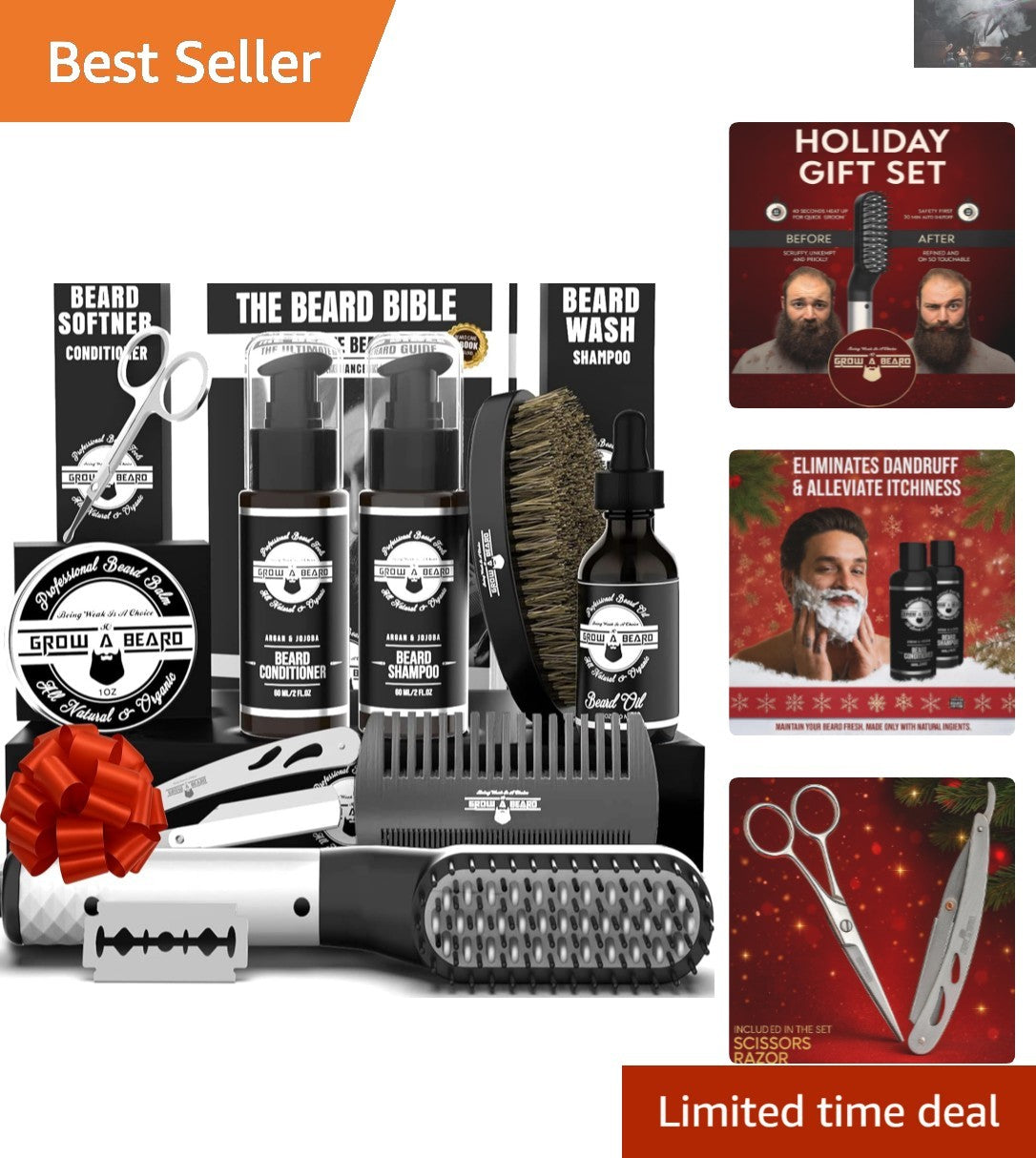 Men's Beard Care Set with Straightener, Nourishing Oil & Grooming Essentials