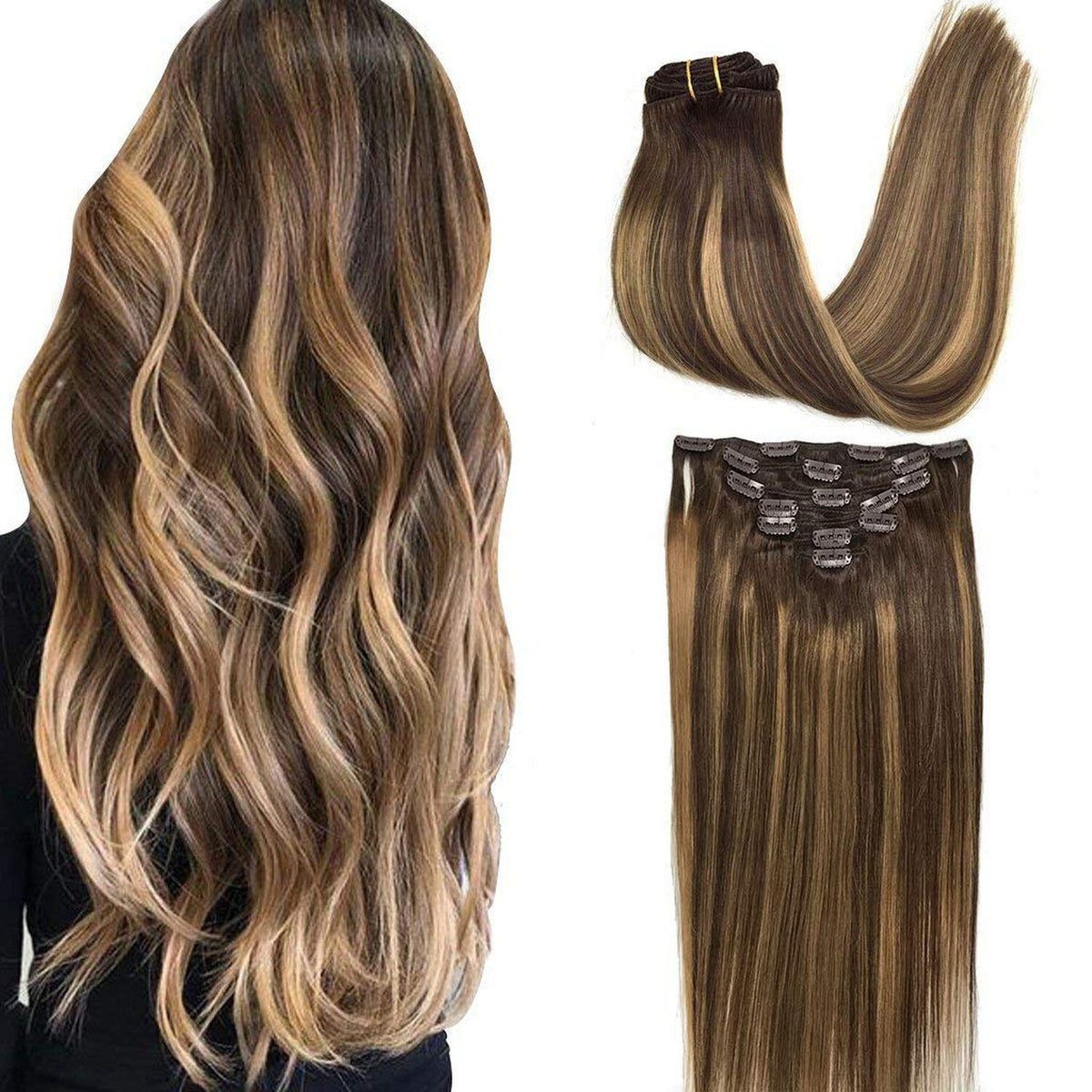Clip-in Hair Extensions for Women, Real Human Hair, 16 Inch Long, 7pcs