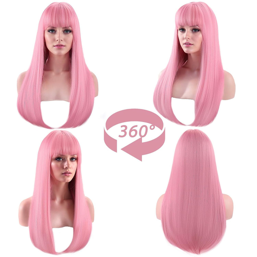 Pink Wig with Bangs - Long Straight 22 Inch Synthetic Hair for Women