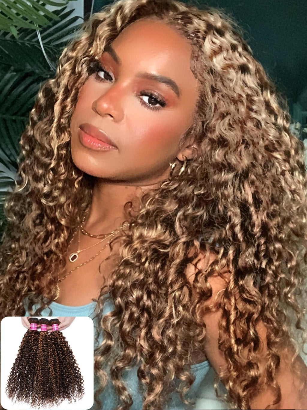 Indian Ombre Highlight Human Hair Extensions Bundles - Curly Blonde Weaves