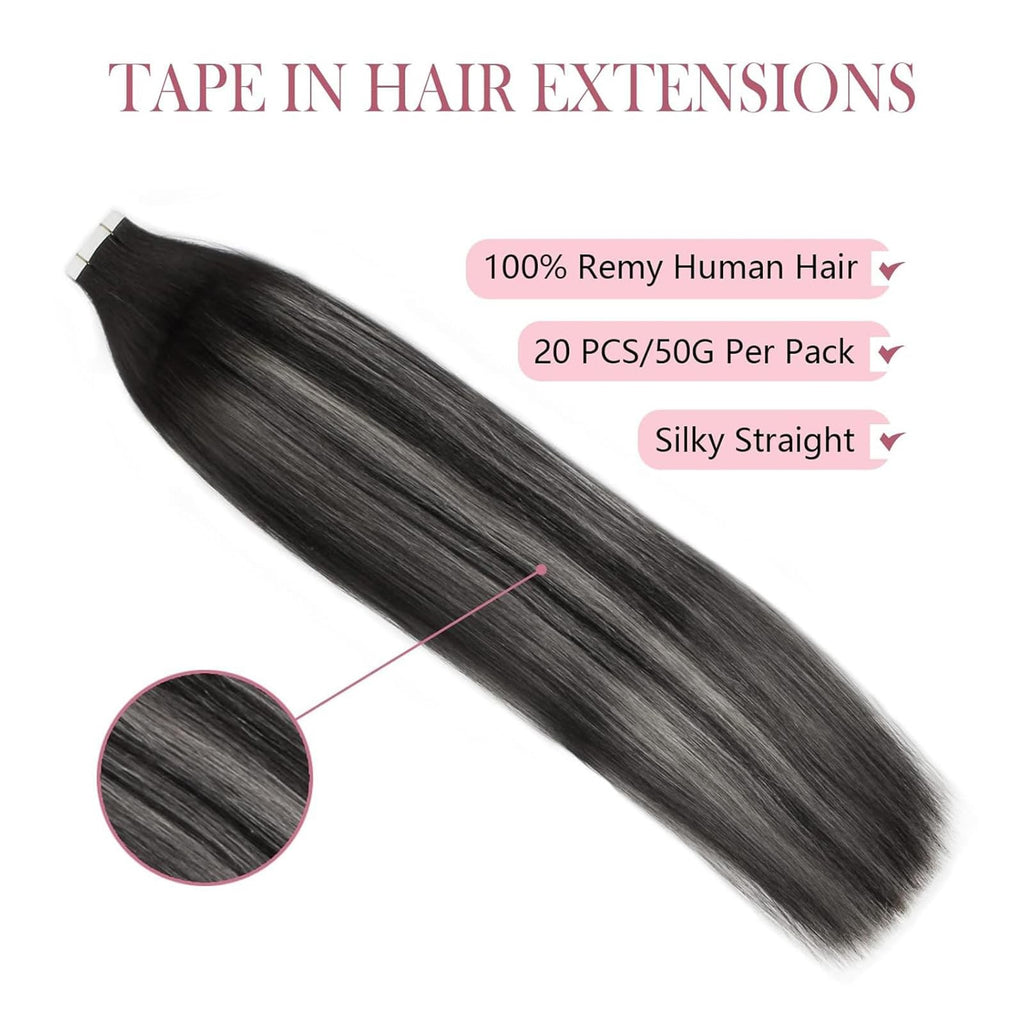 Tape-in Hair Extensions 20pcs 16 Inch Silver White Ombre Human Hair