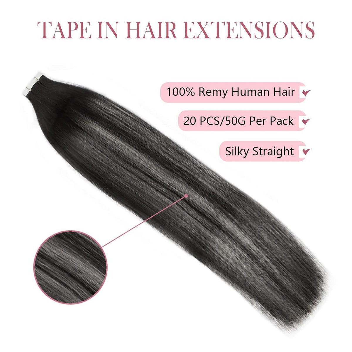 Tape-in Hair Extensions 20pcs 16 Inch Silver White Ombre Human Hair