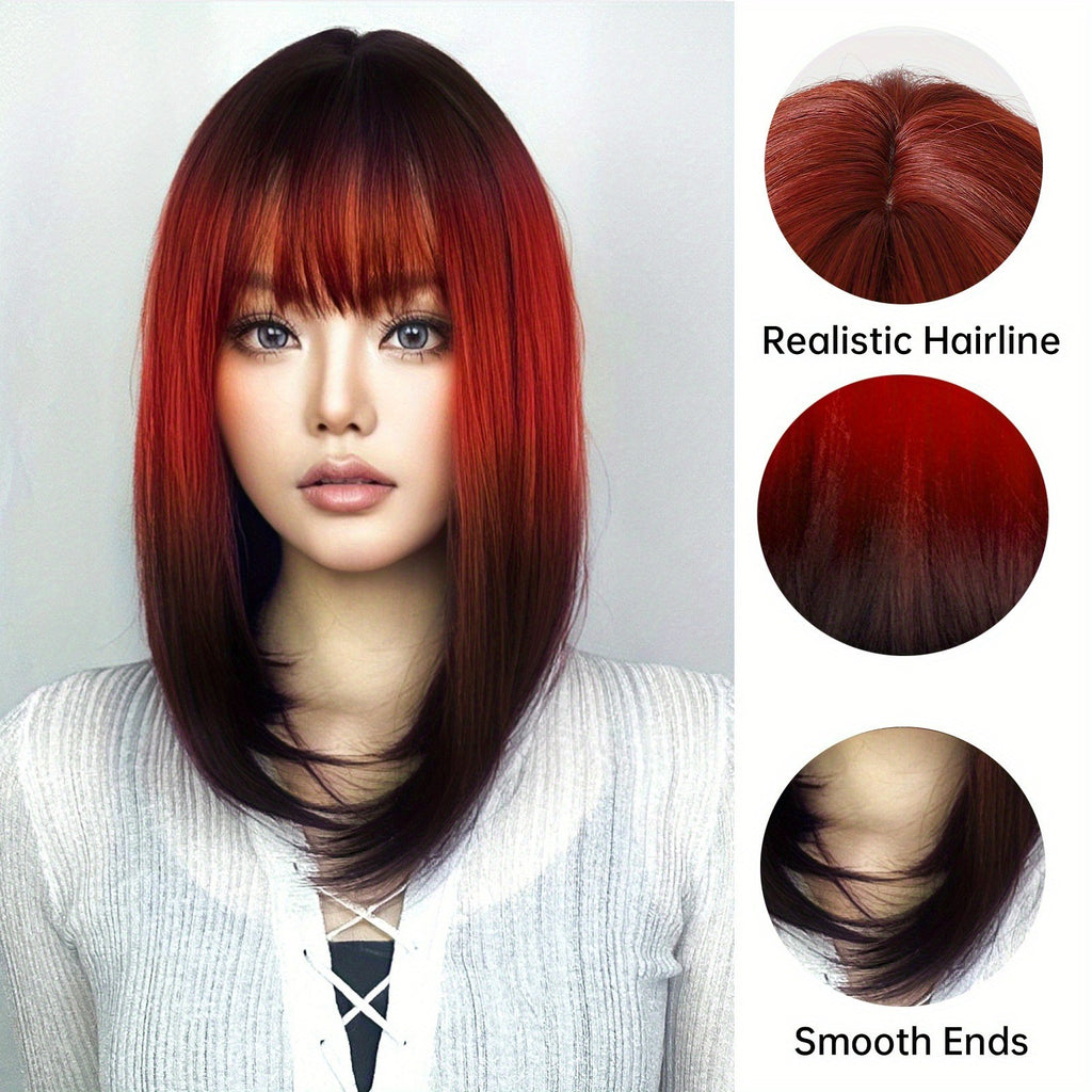 14in Ombre Red Black Synthetic Wig with Bangs for Cosplay & Daily Wear