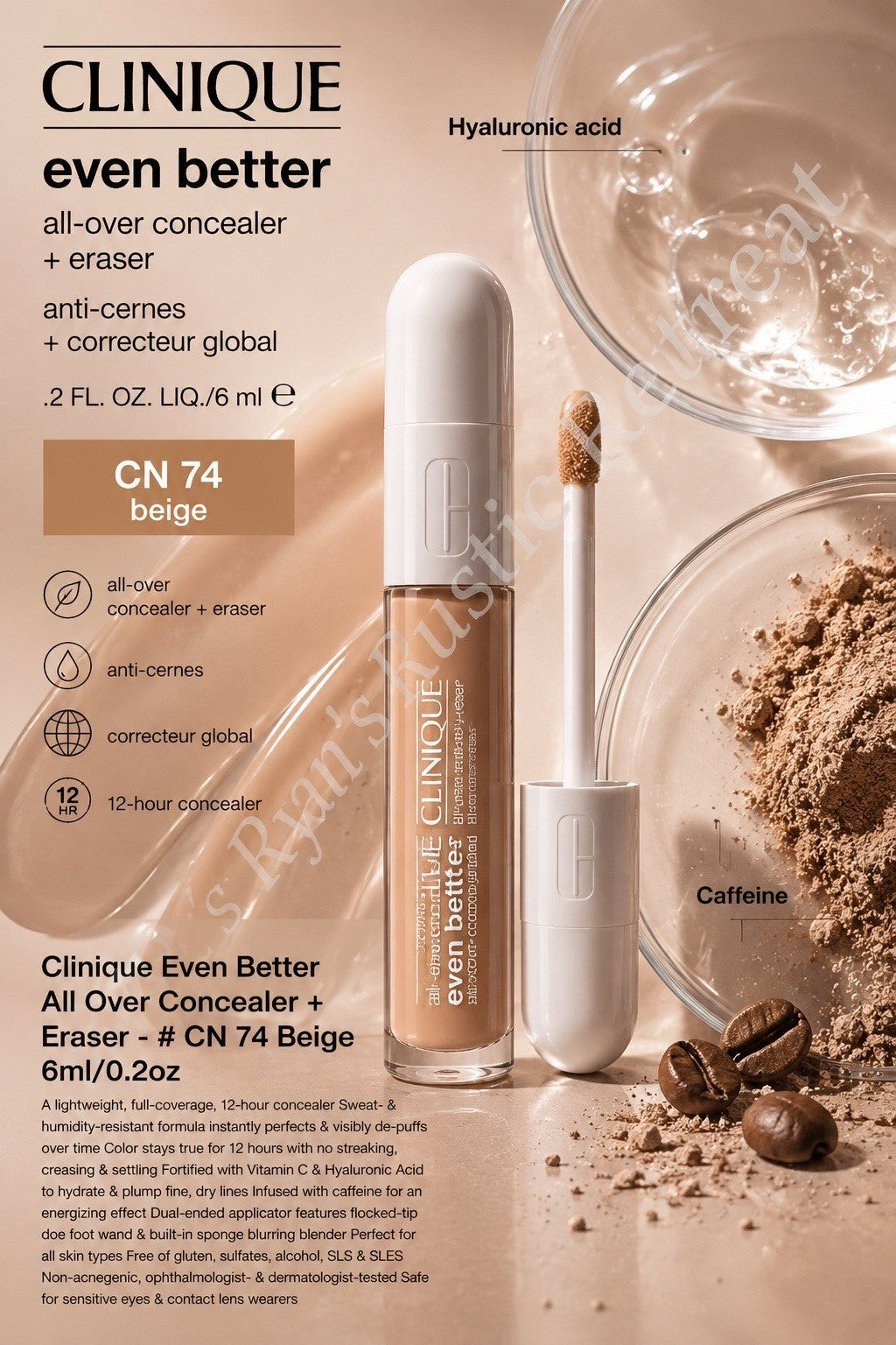 Concealer + Eraser, 0.2 oz, CN 74 Beige – Full Size, New
