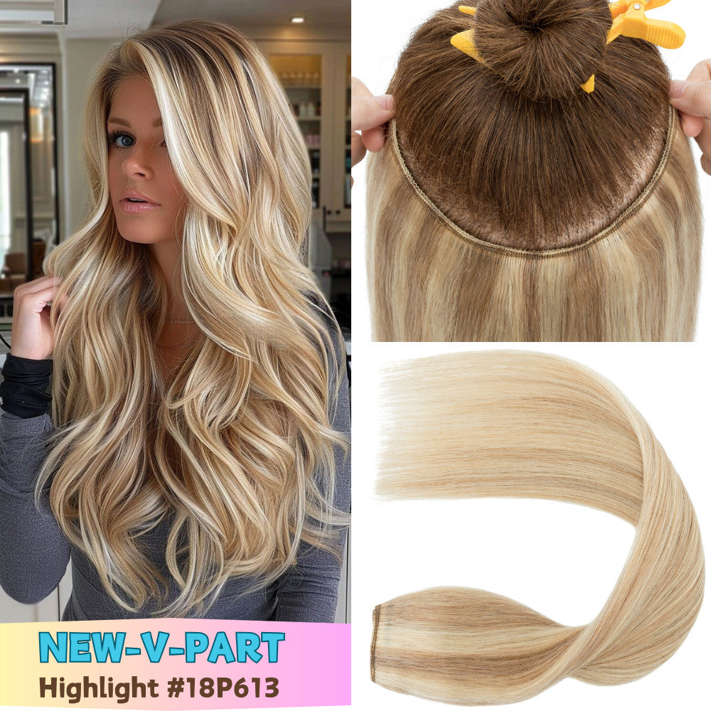 V Shape Clip-In Human Hair Extensions Full Head - Blonde, Remy Virgin