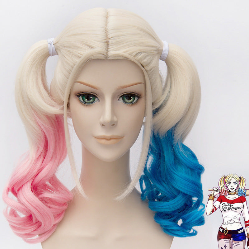 Harley Quinn Cosplay Wig 20 Inch Pink Blue Gradient Synthetic Hair Costume