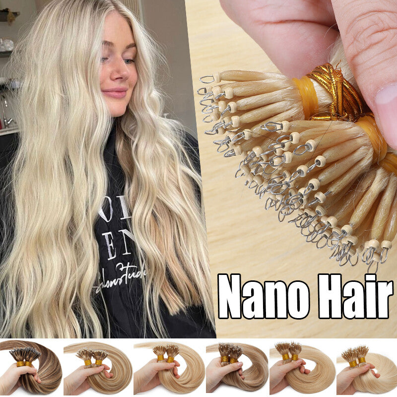 100PCS Remy Human Hair Extensions Nano Ring Beads for Natural Hair - Multiple Lengths & Colors