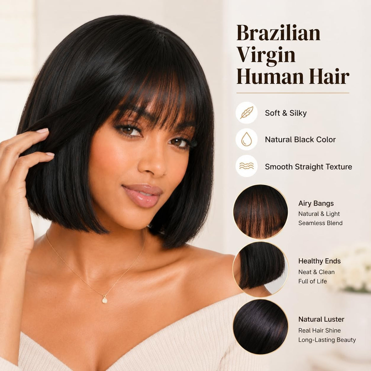 10-Inch Brazilian Human Hair Bob Wig with Bangs - Glueless Straight Style